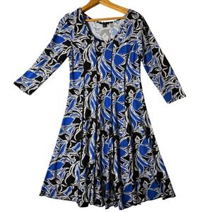 Sami & Jo Women 90's Blue Black White Floral Print Midi‎ Dress Size S 3/4 Sleeve